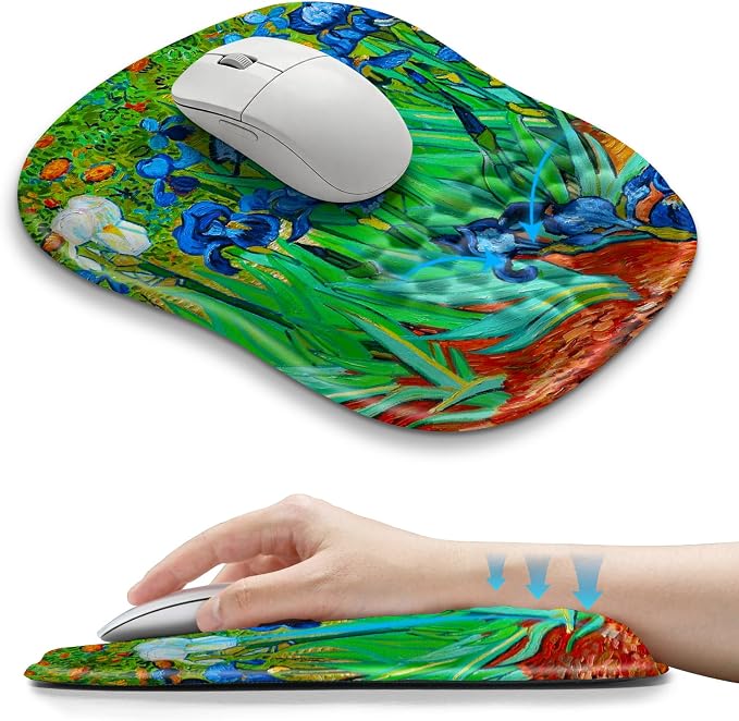 Hokafenle Ergonomic Wrist-Hugging Mouse Pad Wrist Support, U-Shaped Holding Wrist Rest Mousepad for Carpal Tunnel Pain Relief with Cushioned Memory Foam Slope Massage Bulge (10.2x8.3 in,Iris Flower)