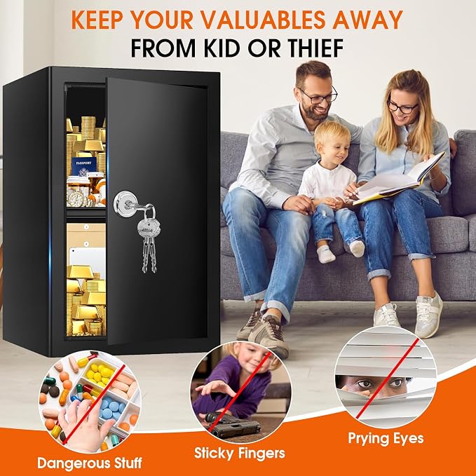 2.6 Cubic Feet Fireproof Safe Box with Key Lock, Hidden Steel Security Box with Removable Shelf for Cash, Documents and Passports, Personal Safes for Home/Office, 13.78" W x 12.99" D x 16.54" H