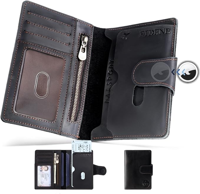 Passport Wallet for Men, Full Grain Leather Passport Holder, AirTag Slot | 2-3 Passport Capacity, Slim Design for Travel, Multiple Pockets, Magnetic Closure, RFID Blocking, Zippered Coin Pocket, Black