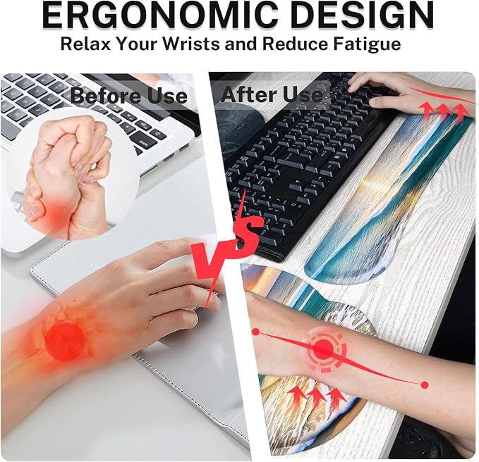 Ergonomic Mouse Pad Set with Wrist Rest, Beach Summer Sun | Non-Slip Rubber Base Wrist Cushion Support and Coasters Mousepad with Wrist Support for Computer Keyboard