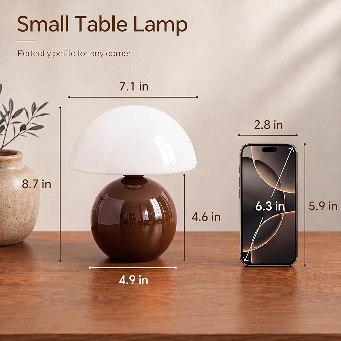 Mushroom Lamp Table Lamp for Bedroom-Small Desk Table Lamps,Coffee | 8.7" Mid Century Modern Table Lamps for Living Room Bedroom Decor,Cute Ceramic Lamps for Mushroom Home Room Decor,Glass Shade
