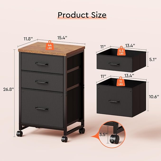 3 Drawer File Cabinet with Wheels with Open Storage Shelf, Rustic Brown