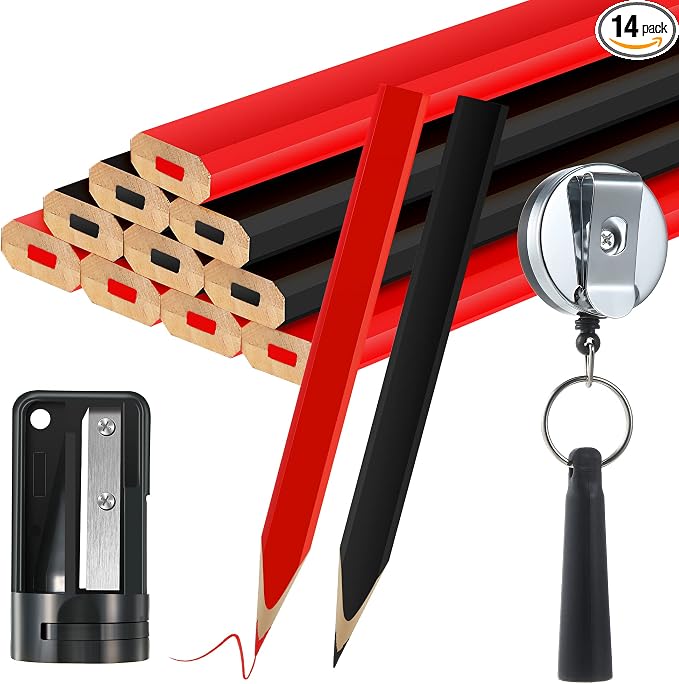 Hohean 14 Pcs Carpenter Pencils, 7 Inches Flat Octagonal Hard Woodworking Construction Pencils Heavy Duty with Pencil Sharpener and Retractable Pull Pen Holder for Contractor Carpentry (Black,Red)