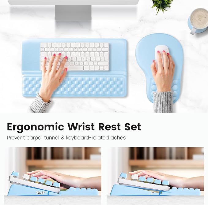 Ospelelf Keyboard Wrist Rest and Mouse Pad Set, Ergonomic Memory Foam Wrist Support, Aesthetic Desk Accessories for Office, Home & Gaming, Relief for Carpal Tunnel & Wrist Pain,Blue