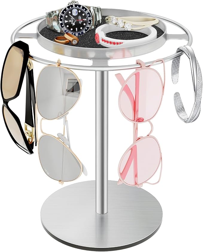 LSK Metal Sunglasses Organizer, Glasses Stand with Storage Tray, Silver | Sunglass Holder with Non-Slip Pad for Nightstand, Tabletop, Desk, Dresser, Hanging Up to 9 Pairs Sunlasses/Reading Glasses