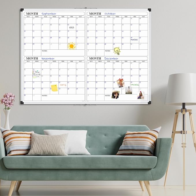 XBoard Magnetic Calendar Whiteboard 48x36 inch, 4 Month Dry Erase Board Planner with Silver Aluminium Frame, Foldable White Board Calendar for Home School Office Organization