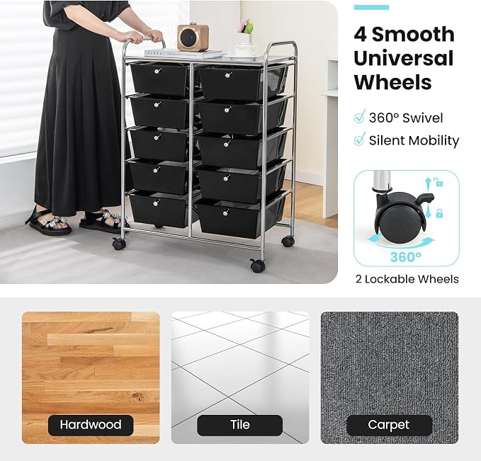 BECOMFORT 10-Drawer Rolling Cart with Drawers, Storage Cart on Wheels, Teacher Classroom Organizers with Metal Frame, Mobile Craft Cart, Trolley Utility Cart for School Office Play Room