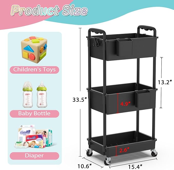 SUNALLY Baby Diaper Caddy Cart,3 Tier Rolling Diaper Cart for Nursery | Large Capacity & Easy Assemble Diaper Storage Organizer with Lockable Wheels for Newborn, New Mom, Baby Girl Boy Essentials