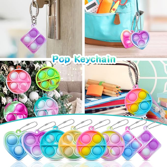 ONKULL Pop Fidget Keychain 90 Pack ,Mini Fidget Toys Bulk ,Sensory Toys for Kids ,Party Favors for Kids 4-8,8-12 Year ,Back to School Gifts for Classroom ,Birthday Goodie Bags Stuffers
