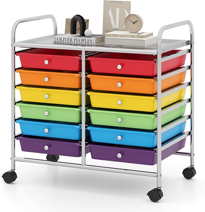 RELAX4LIFE 12-Drawer Rolling Storage Cart Mobile Craft Organizer Colorful | 24.5" Size, 4 Rolling Casters, Metal Frame, For School Teacher Office Salon Art File Supplies