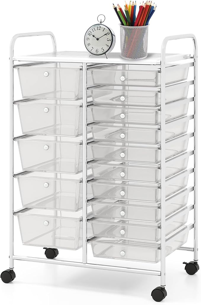 BECOMFORT 15-Drawer Rolling Cart with Drawers, Storage Cart on Wheels, Teacher Classroom Organizers with Metal Frame, Mobile Craft Cart for Tools, Trolley Utility Cart for School Office Play Room