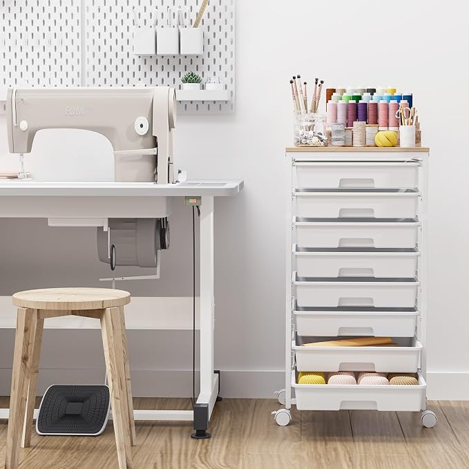 TOOLF Rolling Storage Cart with 8 Drawers,White | Utility Cart on Wheels with Wooden Tabletop,Teacher Organization for Classroom, Art Cart for Office,Bedroom,Craft Room