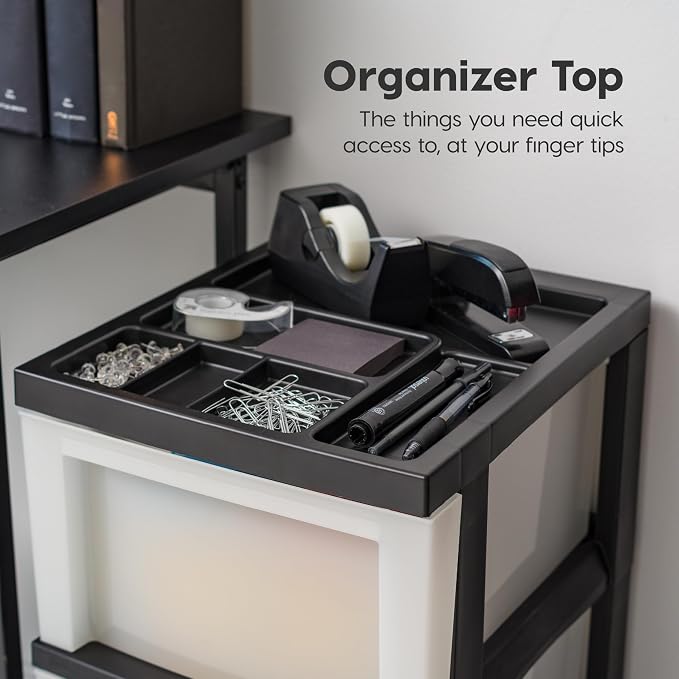 IRIS USA 3-Drawer Rolling Storage Cart, Black/Pearl | Keep classroom supplies, teacher essentials, craft materials, and learning tools organized with easy-access drawers.