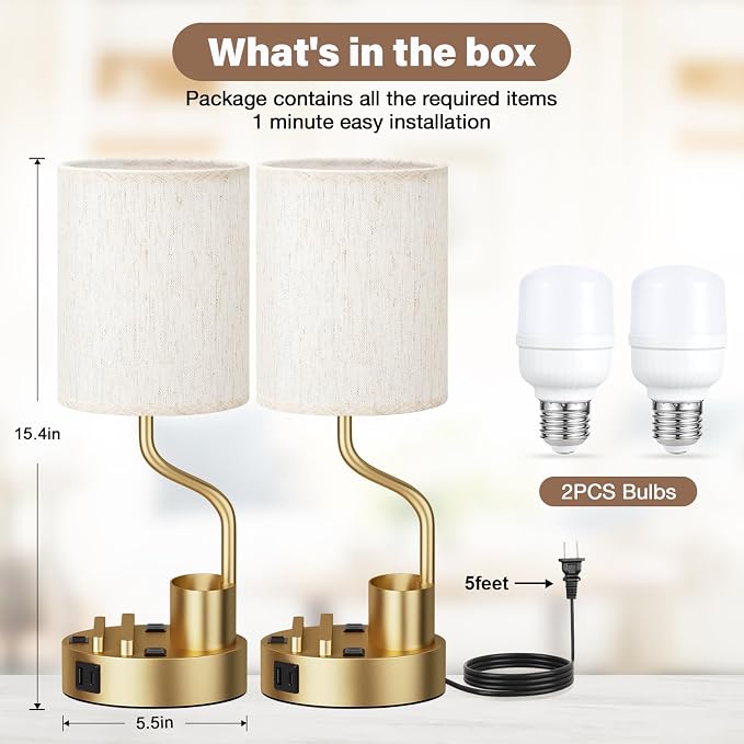 Bedside Lamps for Bedroom Set of 2 - Table Desk Lamp for Nightstand | 15" Table Lamp for Living Room with Pen Holder & Phone Stand, USB A+C Port, AC Outlet, 3 Color Temperature, LED Bulb Included