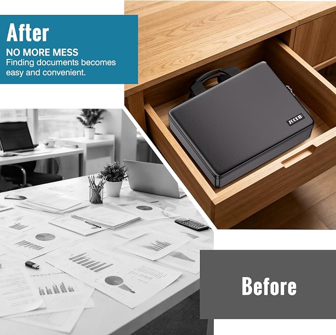 Fireproof Document Box with Lock, Hard-Shell File Organizer, Black | Water-Resistant Zipper,Letter Size,Large Capacity,Portable Safe Storage for Important Paperwork,Passports,Certificates
