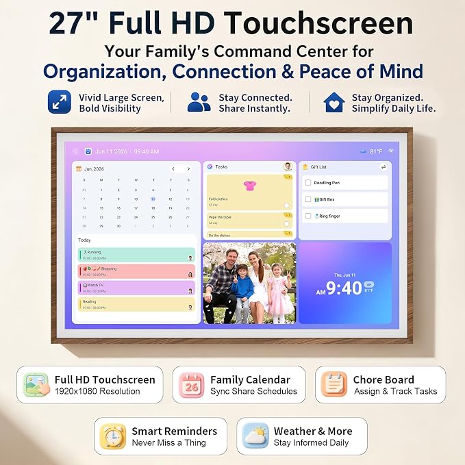 LIVINGPAI Smart Digital Wall Calendar, 27 Inch Full HD Touchscreen Family Planner, Chore Chart & Meal Planner, WiFi Shared Calendar Display, Google iCloud Outlook Sync, Wood Frame