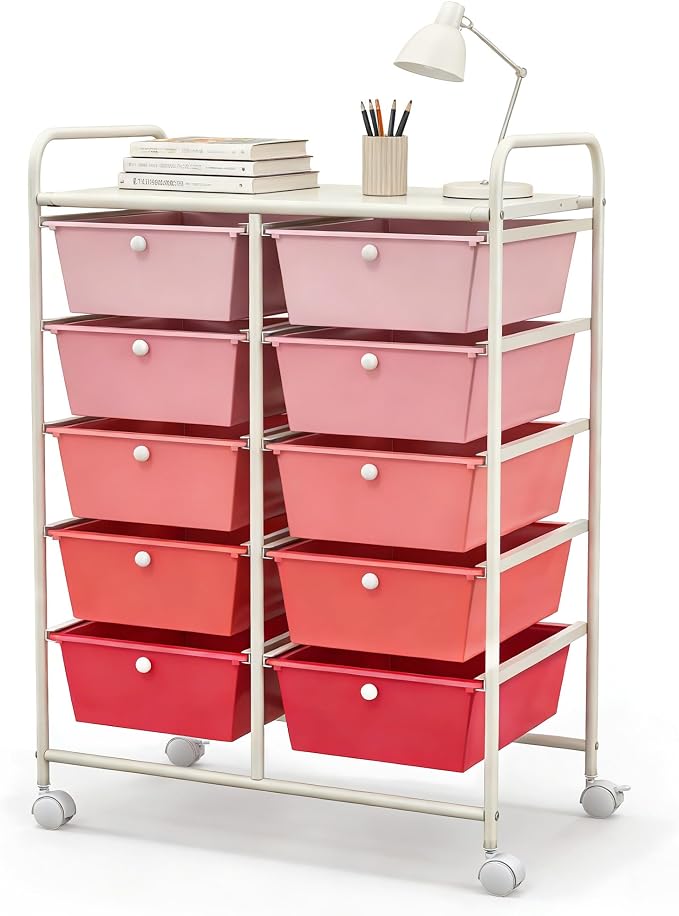 COSTWAY 10 Drawer Rolling Storage Cart, Utility Cart with Lockable Wheels | Mobile Art Supply Craft Organizer with Metal Frame, Multipurpose Drawer Cart for Paper for Office, School, Mixed Pink