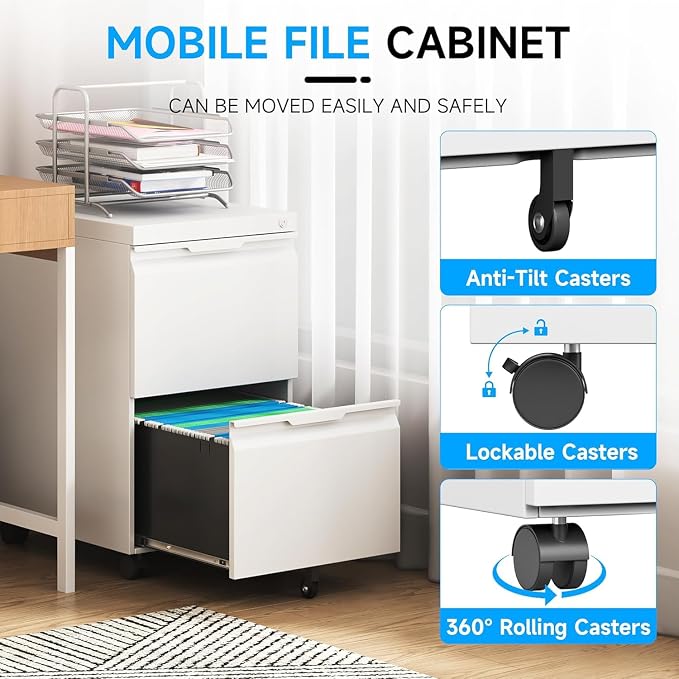 2 Drawer Mobile File Cabinet with Lock, Rolling File Cabinet with Wheels | Metal Small Filing Cabinet with Wheels for Home Office Storage, Fits Legal/A4/Letter/Document Size, Required Assembly, White