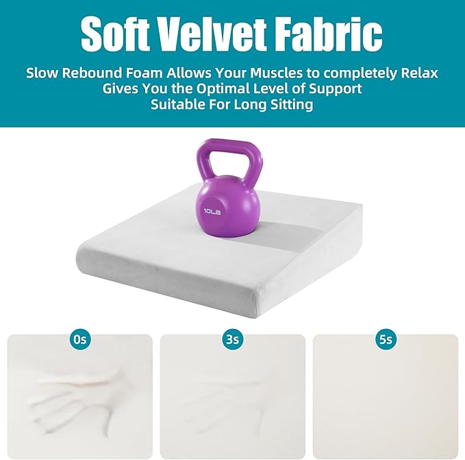 HOMBYS Wedge Recliner Seat Cushion for Long Sitting Chair, Cushion for Elderly Esay to Get Up,5" Thick 20"x20" Large Pressure Relief Seat Cushion for Recliner, Office, Car, Velvet & Foam,Light Grey