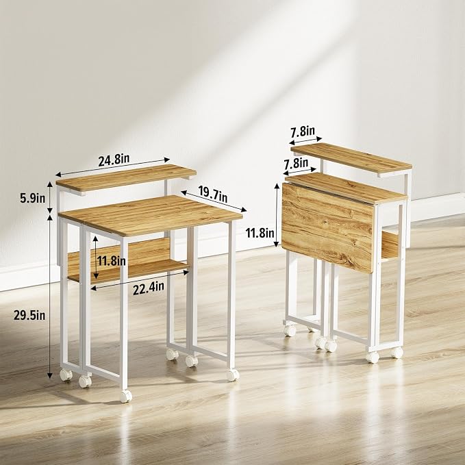 GreenForest Folding Desk with Adjustable Monitor Stand, 24.8 in Small Desk | Storage Shelf, Lockable Wheels, Portable, Space Saving, Mobile Rolling Table for Small Spaces, Home Office, Writing, Oak