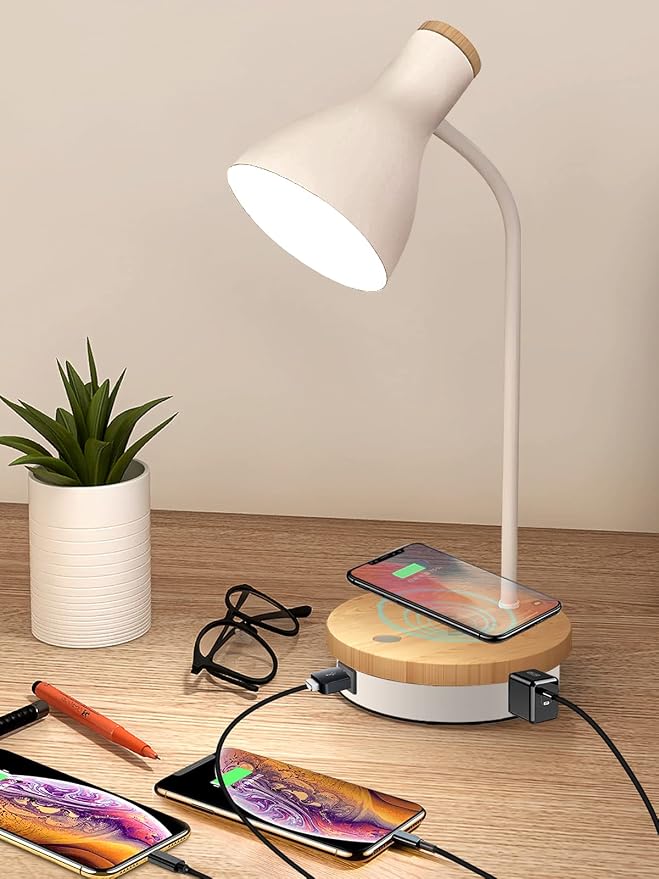 LALISU Metal Desk Lamp Wireless Charging Table Lamp Touch Reading Lights Arc Desk Lamps for Bedroom, 3 Way Dimmable Bedside Lamp with USB Charging Ports Lamp for Study Room and Office (White)