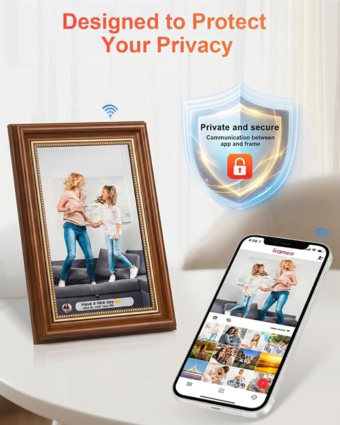Frameo Digital Frame 10.1 Inch WiFi Digital Photo Frame with 32GB Storage, 1280x800 HD IPS Touch Screen Picture Frames Slideshow, Long Distance Realationship Gifts, Elderly Tech (Maple Brown)