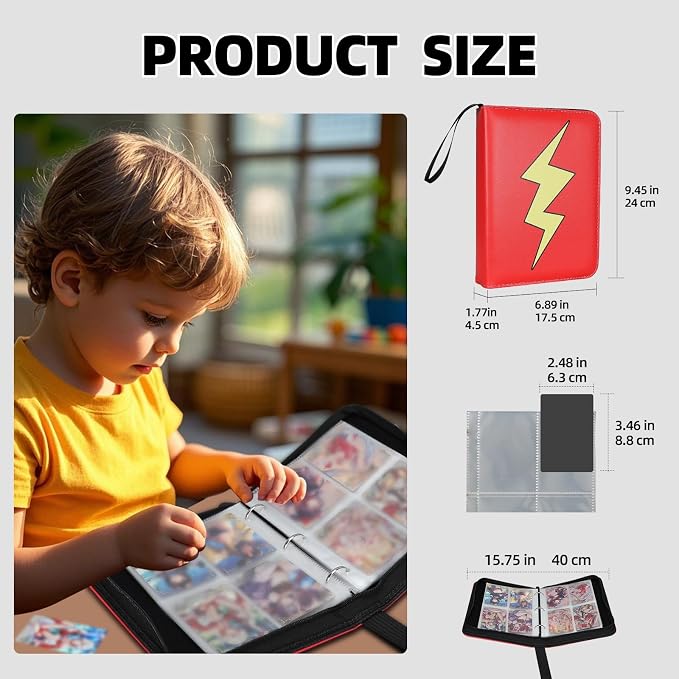 Collectible Trading Card Albums,4 Pocket Card Binder, 400 Double Sided Pocket PU Premium Zip Trading Collection Binderwith 50 Removable Sleeves, Card Folder forTCG, Sports Cards (Red White-08)