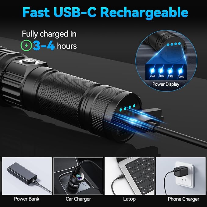 Rechargeable Flashlights High Lumens, Super Bright Tactical Flashlight 3 Modes with Power Display, Waterproof Zoomable LED Flash Light for Home Emergencies Camping Hiking