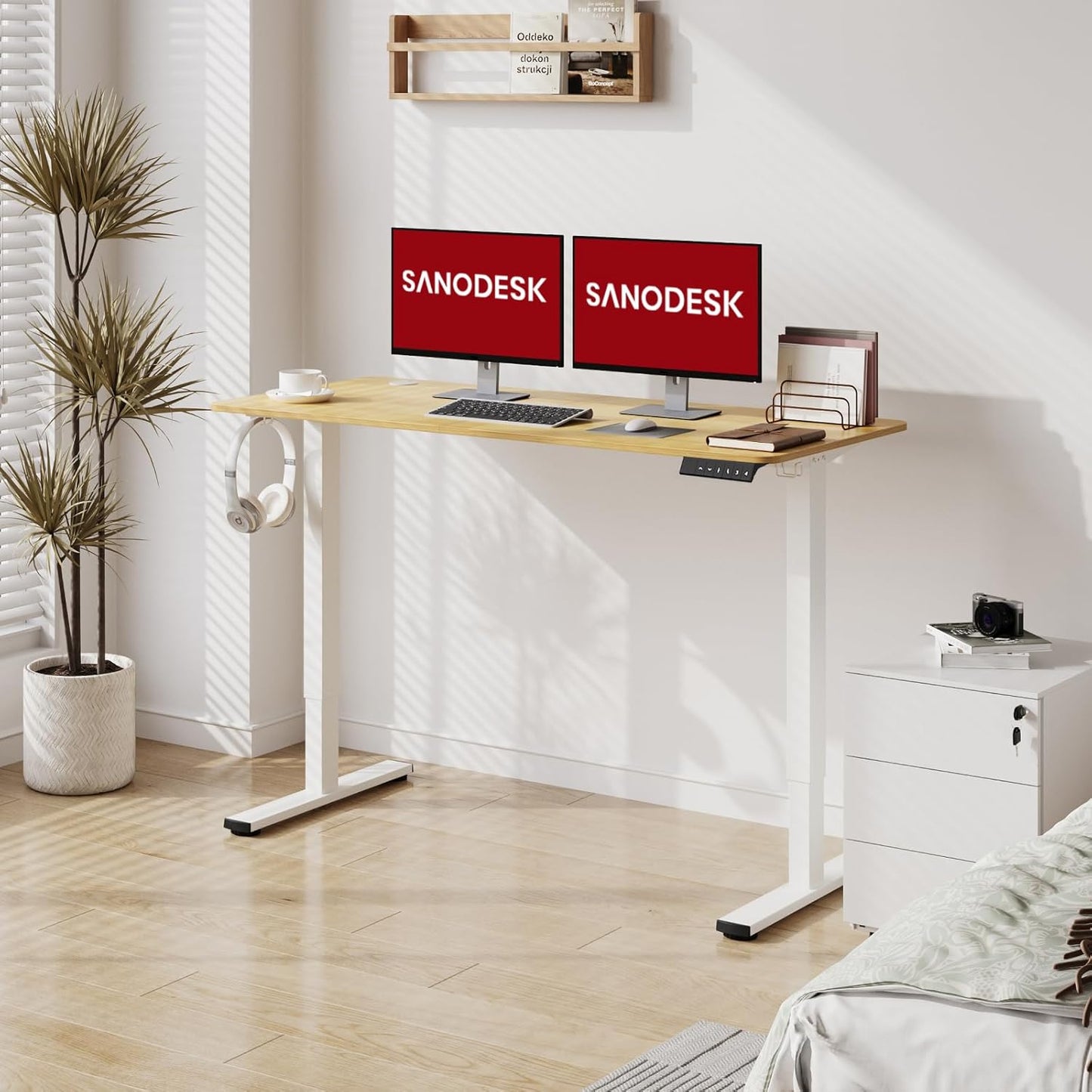 SANODESK Electric Standing Desk 55x24 Inch Height Adjustable Stand Up Desk Home Office Computer Workstation Sit Stand Home Office Desk with Splice Board (White Frame + Maple Top)