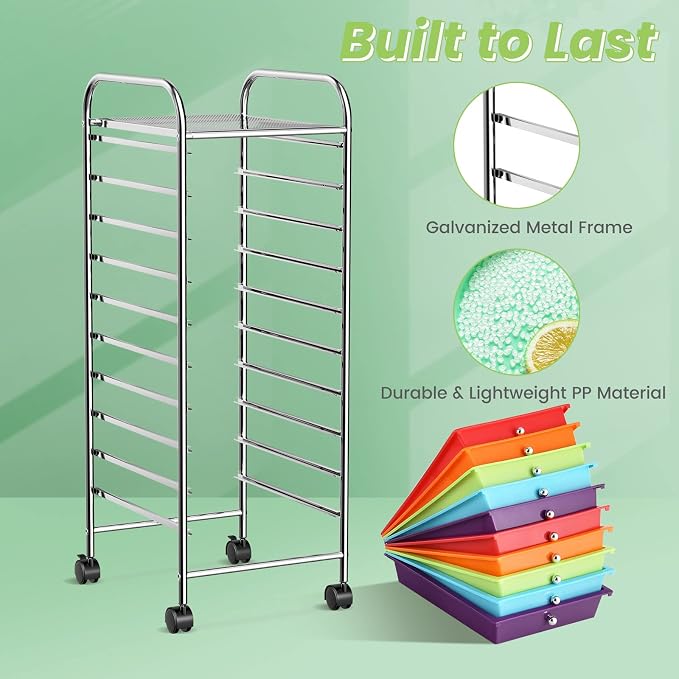 COSTWAY 10-Drawer Rolling Storage Cart, Utility Mobile Trolley | Removable Drawers & Universal Casters & 2 Brakes, Versatile Flexible Drawer Organizer Cart for Home, Office (Multi-Color)