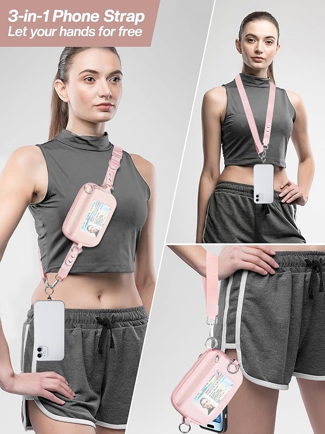 Tiostep Clip and Go Strap for Phone with Wallet Crossbody Phone Lanyard Adjustable and Detachable RFID Wristlet Wallet (Pink, Large)
