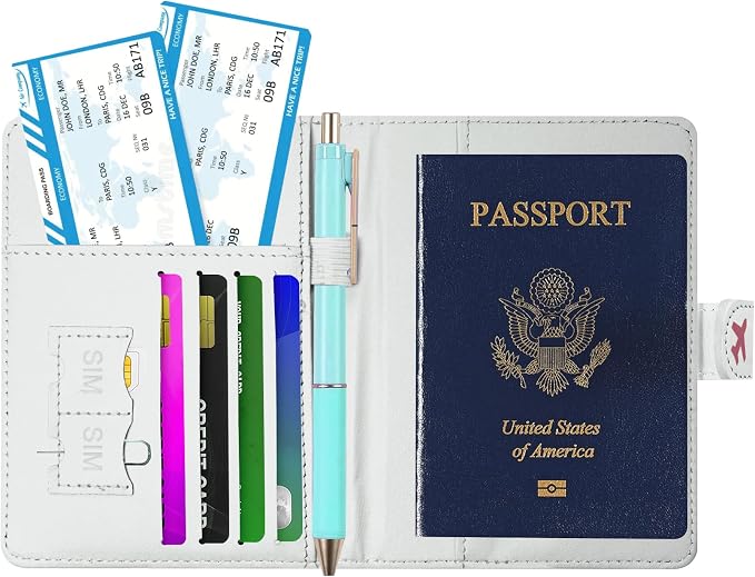 Passport Holder, Cute Travel Wallet Cover with RFID Blocking,Strawberry | PU leather travel wallet with magnetic closure, card slots, pen loop, and easy access for passports and essentials.