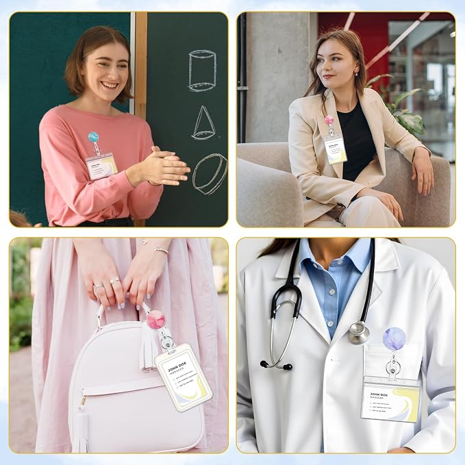 BESARME 3 Pack Badge Reels Retractable Badge Clip with Key Ring Retractable Badge Holders for Office Worker Teacher Nurse Student（Marble）