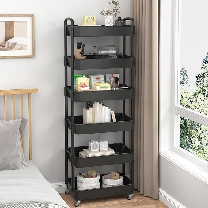 Sywhitta 6-Tier Plastic Rolling Utility Cart with Wheels for Storage,Black | Multi-Functional Storage Trolley, for Office, Living Room, Kitchen, Bathroom,Movable Organizer,Space-Saving,Easy to assemble