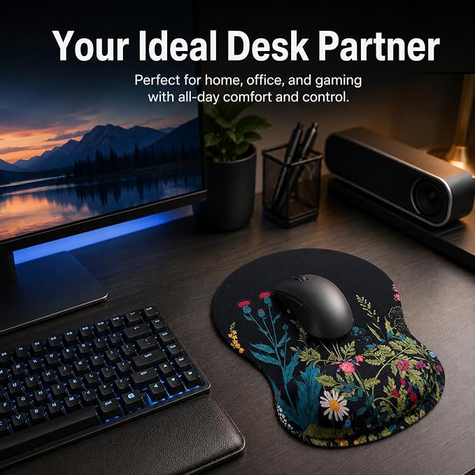 Mouse Pad with Wrist Rest Ergonomic Memory Foam Support, Non-Slip Rubber Base, Comfortable Typing Cushion for Home Office Computer Laptop, Flowers Grass