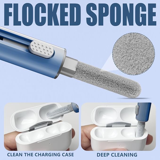 Inesore Multi Cleaning Kit for AirPods & All Bluetooth Earbuds (Deep Blue) | 3-in-1 Design with Brush,Sponge & Metal Tip, Airpod Cleaning, Phone Cleaner, Earbud Cleaning, Electronic Device Cleaning Tool