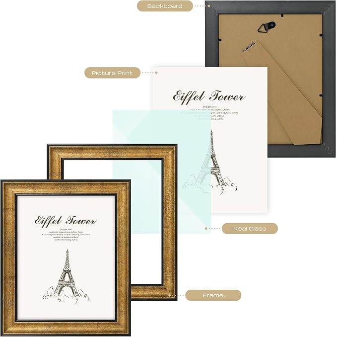 Golden State Art, 8x10 Antique Gold with Black Trim Color Frame - Easel Stand, Sawtooth Hanger - Landscape, Portrait Display - Great for Postcards, Photographs