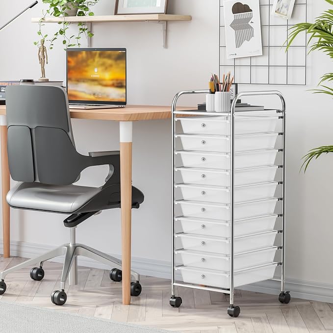 GLACER 10 Drawers Rolling Cart, Storage Cart with w/Removable Drawers & Steel Frame, Utility Mobile Trolley w/Universal Casters & 2 Brakes, Organizer Cart for Home, School, Office (Clear)