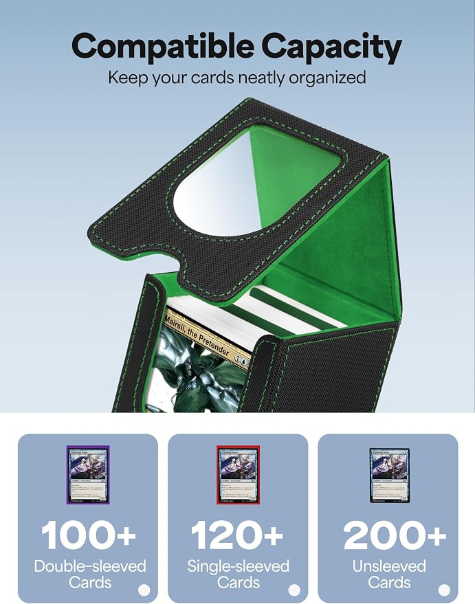 Card Deck Box for MTG Commander, Card Case Holds 100+ Double-Sleeved Cards, Magic Card Box Fits for TCG/PTCG/CCG Card with 2 Dividers (Black&Green)