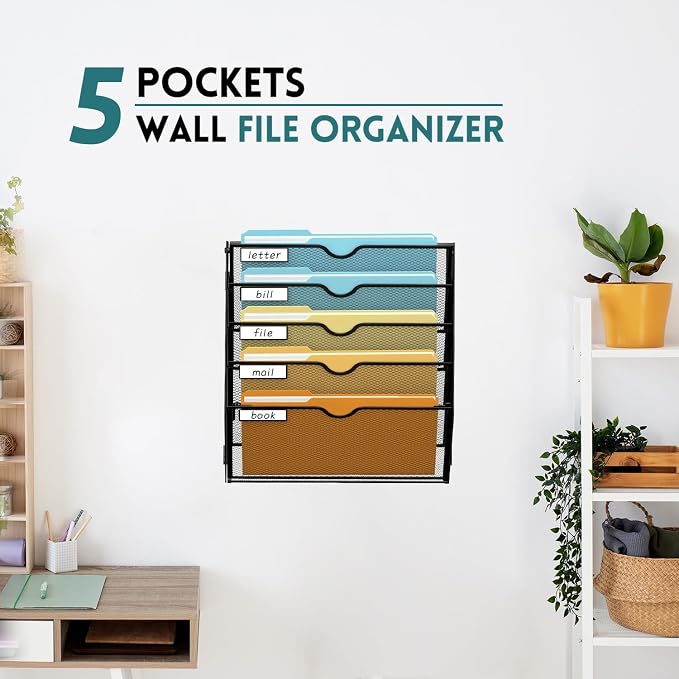 5 Tier Wall File Organizer, Hanging Wall Mounted Mail Organizer with Label Slots, Metal Mesh File Holder Magazine Rack for Office, Home, School or Classroom, Black, 2Pack