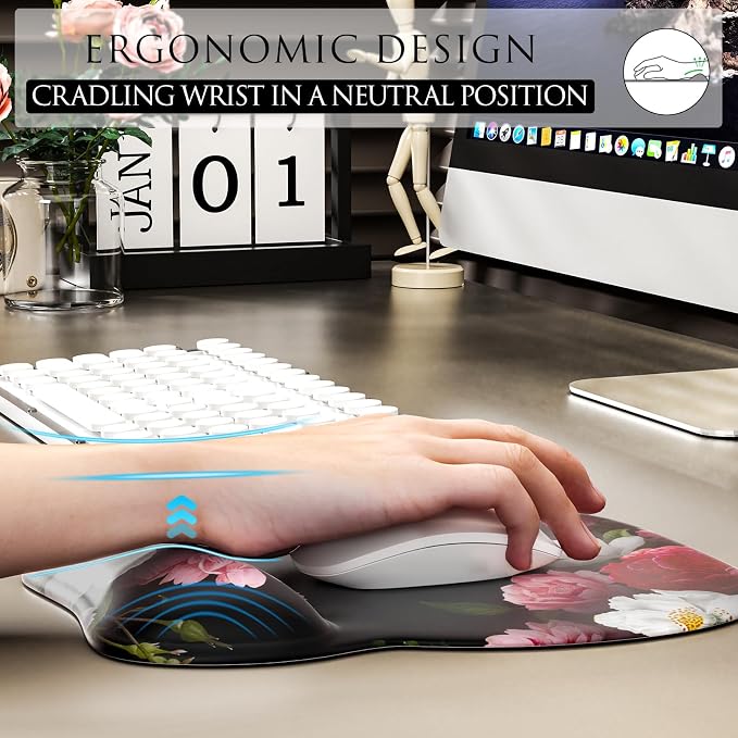 MROCO Ergonomic Mouse Pad with Gel Wrist Rest, 9.4 x 8.1 in, Black Flower | Ergonomic Shape Design, Multiple Pattern Options, Gel Wrist Comfort, Smooth Lycra Surface, Non-Slip PU Base