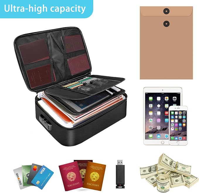 Fireproof Bag with Lock, Waterproof Fireproof Document Organizer for Safe Storage – Large Capacity File Storage Case for Home, Office, and Travel (black)