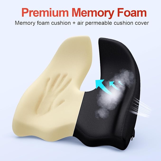 Benazcap Memory Foam Seat Cushion Relieves Sciatica & Tailbone Pain | Ergonomic design, washable cover & anti-slip base, long-sitting pad for office, gaming and car seats Black