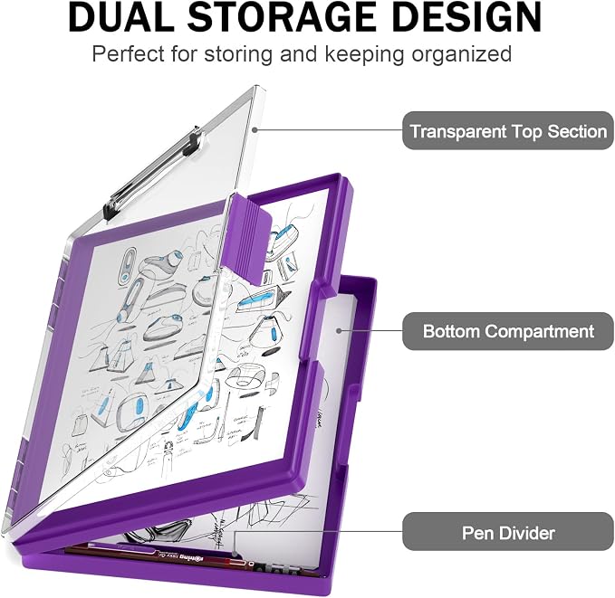 Rimilak Clipboard with Storage,8.5x11 2 Compartment Clip Board, Dark Purple | Smooth Writing, Side-Opening Plastic Folder with Pen Holder, Size 13.3 x 9.4 x 1.5″,for Classroom, Teacher, Student