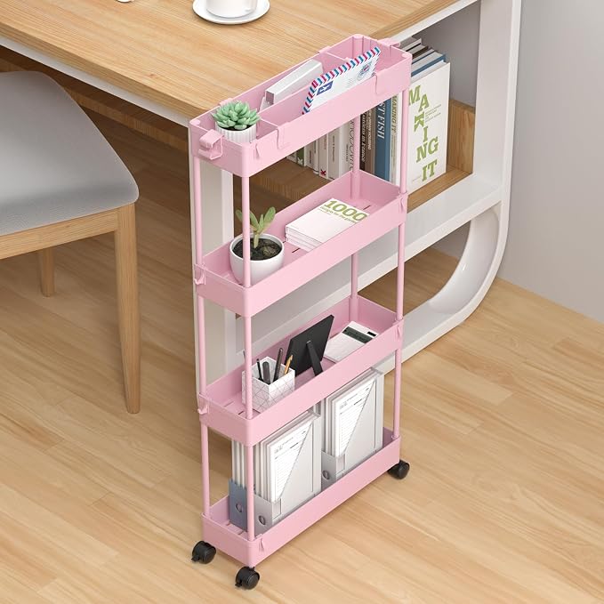 Slim Storage Cart 4 Tier,Bathroom Organizer Rolling Utility,Mobile Shelving Unit Slide Out for Office, Kitchen, Laundry Room & Narrow Places,Pink
