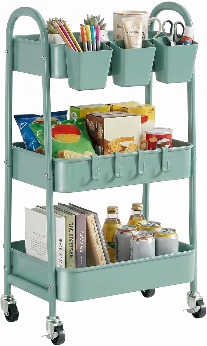 3-Tier Rolling Cart, Utility Cart Mobile Metal Rolling Storage Cart with Lockable Wheels & Hanging Cups & Hooks for Kitchen, Bathroom, Office, Workshop, Green