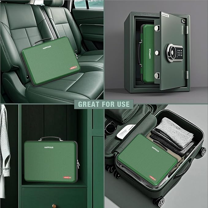 Fireproof Document Organizer, Fireproof Document Box | Portable Hard-Shell Fireproof Document Organizer Storage for Documents Laptop Passports Cards Green