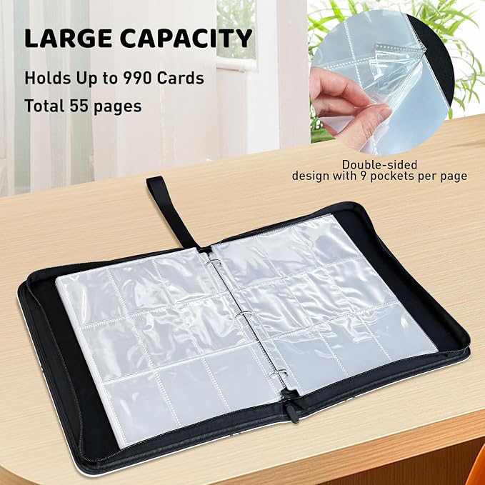 TLAZZ 990 Pockets Baseball Card Binder, Trading Card Collection Binder with 55 Removable Sleeves, Double Sided Pocket Sports Card Binder for MTG TCG Game Card