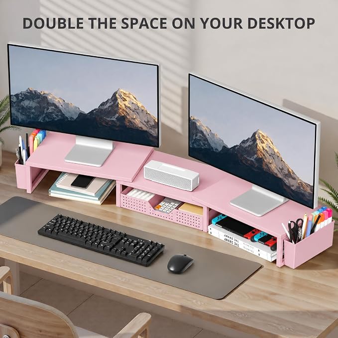 Desk Organizers and Accessories, Dual Monitor Stand Riser with Drawer and 2 Pen Holders, Desk Shelf Computer Racks for Office Workspace Organizers, Desktop Organization (Peach-pink)