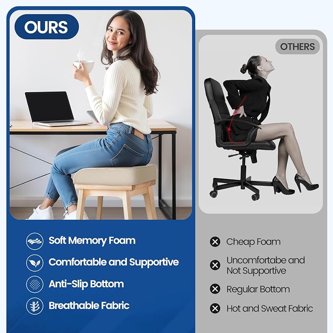 SweetSlubr Seat Cushion for Tailbone Pain Relief, Office Chair Cushion, Memory Foam Large Chair Pad with Non-Slip Cover for Soft Support at Office Chair, Car Seat, Airplane Beige/2X-Large